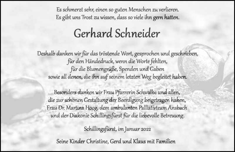 Traueranzeige für Gerhard Schneider vom 15.01.2022 aus Rothenburg