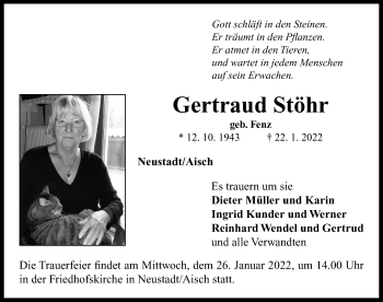 Traueranzeige von Gertraud Stöhr von Neustadt/ Scheinfeld/ Uffenheim