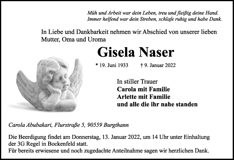  Traueranzeige für Gisela Naser vom 12.01.2022 aus Rothenburg