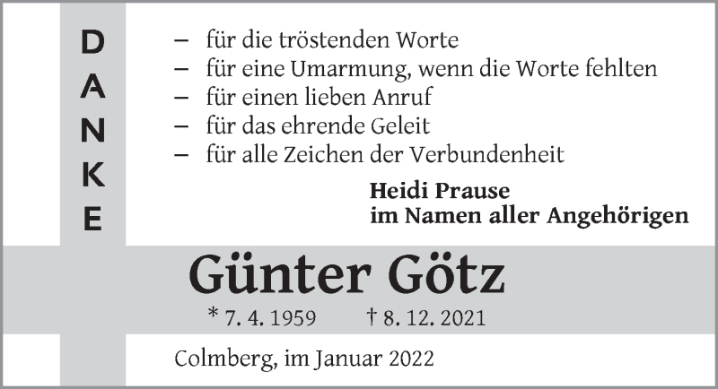  Traueranzeige für Günter Götz vom 22.01.2022 aus Ansbach