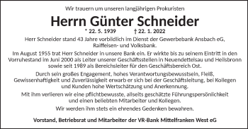 Traueranzeige von Günter Schneider von Ansbach