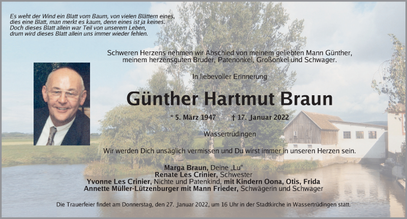  Traueranzeige für Günther Hartmut Braun vom 22.01.2022 aus Dinkelsbühl/ Feuchtwangen