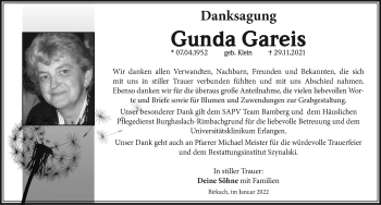 Traueranzeige von Gunda Gareis von Neustadt/ Scheinfeld/ Uffenheim