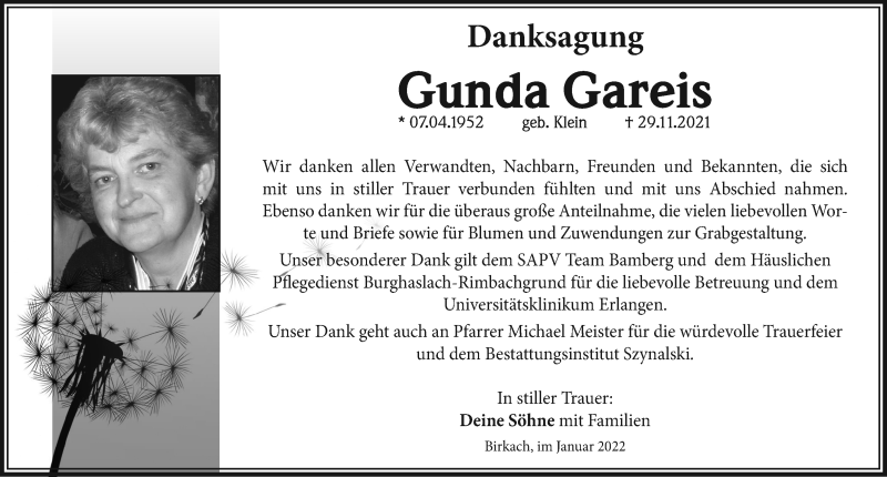  Traueranzeige für Gunda Gareis vom 22.01.2022 aus Neustadt/ Scheinfeld/ Uffenheim