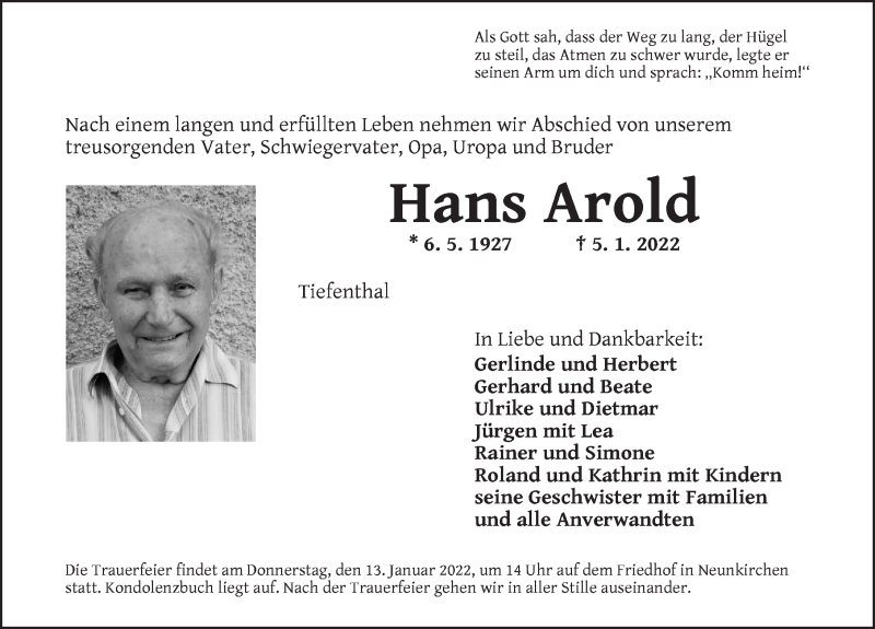  Traueranzeige für Hans Arold vom 11.01.2022 aus Ansbach