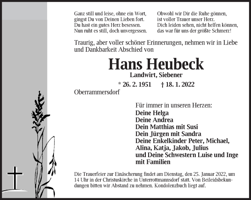  Traueranzeige für Hans Heubeck vom 22.01.2022 aus Ansbach