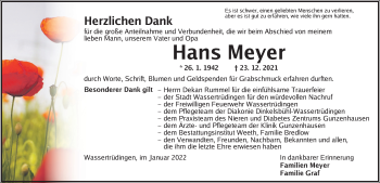 Traueranzeige von Hans Meyer von Dinkelsbühl/ Feuchtwangen