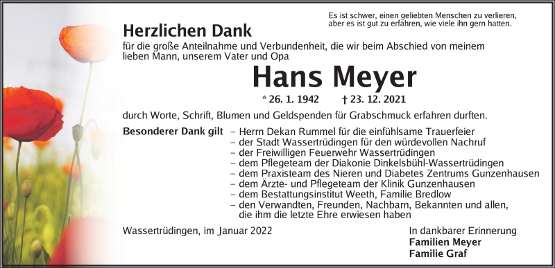  Traueranzeige für Hans Meyer vom 08.01.2022 aus Dinkelsbühl/ Feuchtwangen