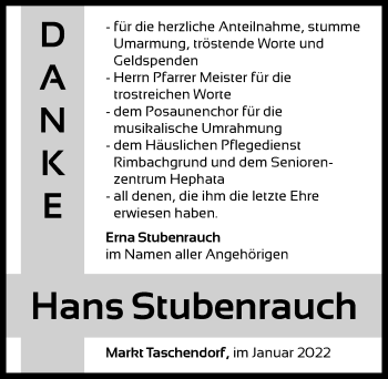 Traueranzeige von Hans Stubenrauch von Neustadt/ Scheinfeld/ Uffenheim