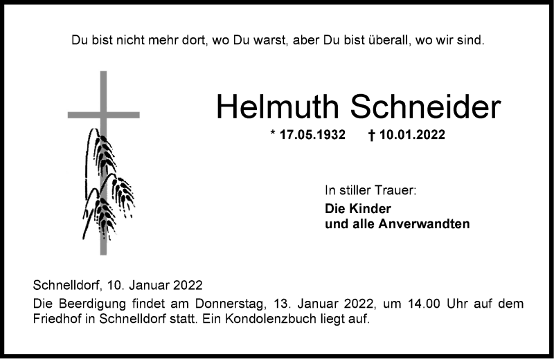 Traueranzeige für Helmuth Schneider vom 12.01.2022 aus Dinkelsbühl/ Feuchtwangen