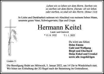 Traueranzeige von Hermann Keitel von Rothenburg