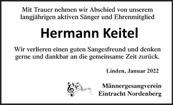 Traueranzeige von Hermann Keitel von Rothenburg