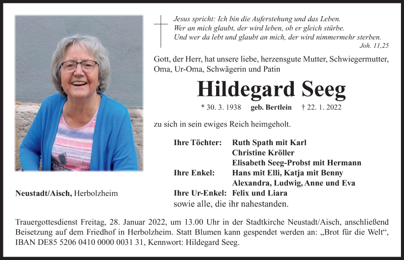  Traueranzeige für Hildegard Seeg vom 26.01.2022 aus Neustadt/ Scheinfeld/ Uffenheim