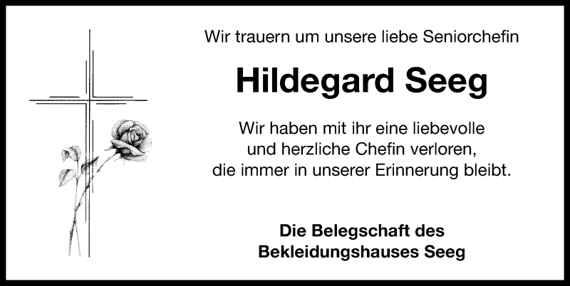  Traueranzeige für Hildegard Seeg vom 26.01.2022 aus Neustadt/ Scheinfeld/ Uffenheim