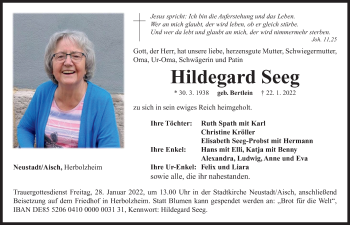 Traueranzeige von Hildegard Seeg von Neustadt/ Scheinfeld/ Uffenheim