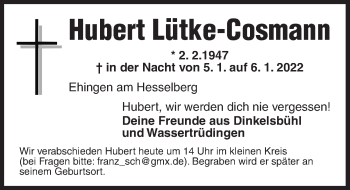 Traueranzeige von Hubert Lütke-Cosmann von Dinkelsbühl/ Feuchtwangen