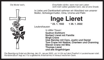 Traueranzeige von Inge Lieret von Ansbach