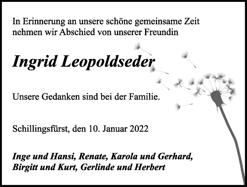  Traueranzeige für Ingrid Leopoldseder vom 15.01.2022 aus Rothenburg
