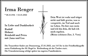 Traueranzeige von Irma Renger von Rothenburg