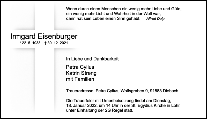  Traueranzeige für Irmgard Eisenburger vom 14.01.2022 aus Rothenburg