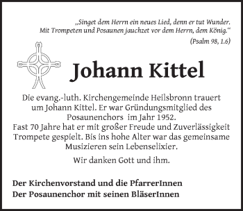 Traueranzeige von Johann Kittel von Ansbach