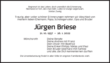 Traueranzeige von Jürgen Briese von Dinkelsbühl/ Feuchtwangen