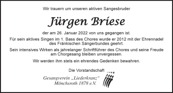 Traueranzeige von Jürgen Briese von Dinkelsbühl/ Feuchtwangen