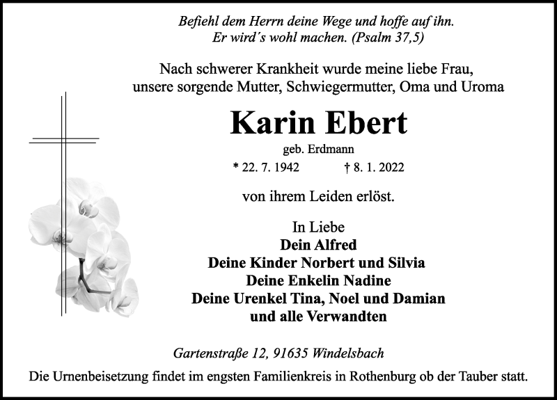  Traueranzeige für Karin Ebert vom 15.01.2022 aus Rothenburg