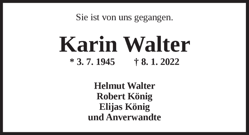  Traueranzeige für Karin Walter vom 11.01.2022 aus Ansbach