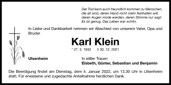 Traueranzeige von Karl Klein von Neustadt/ Scheinfeld/ Uffenheim