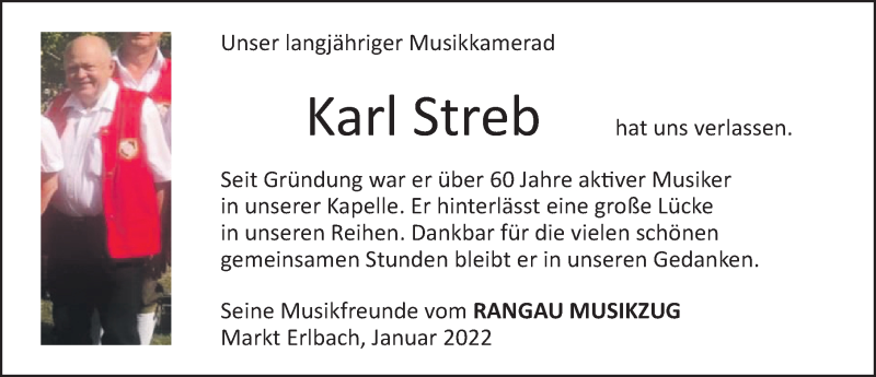  Traueranzeige für Karl Streb vom 24.01.2022 aus Neustadt/ Scheinfeld/ Uffenheim