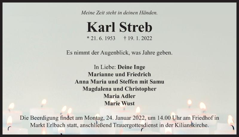  Traueranzeige für Karl Streb vom 22.01.2022 aus Neustadt/ Scheinfeld/ Uffenheim