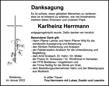 Traueranzeige von Karlheinz Herrmann von Dinkelsbühl/ Feuchtwangen