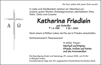 Traueranzeige von Katharina Friedlein von Ansbach