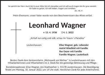 Traueranzeige von Leonhard Wagner von GE