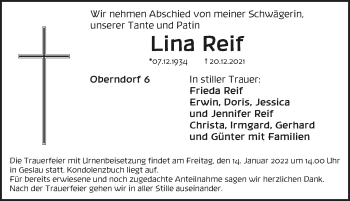 Traueranzeige von Lina Reif von Rothenburg