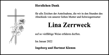 Traueranzeige von Lina Zerrweck von Rothenburg