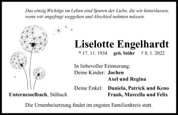 Traueranzeige von Liselotte Engelhardt von Neustadt/ Scheinfeld/ Uffenheim