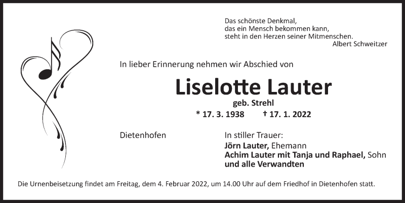  Traueranzeige für Liselotte Lauter vom 31.01.2022 aus Ansbach