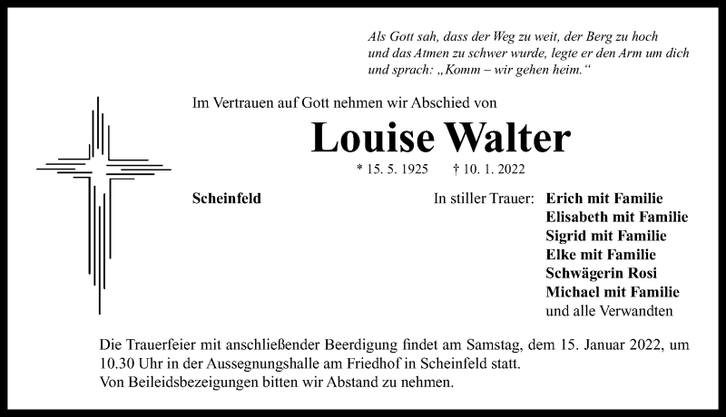  Traueranzeige für Louise Walter vom 14.01.2022 aus Neustadt/ Scheinfeld/ Uffenheim