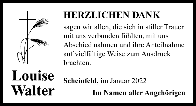  Traueranzeige für Louise Walter vom 22.01.2022 aus Neustadt/ Scheinfeld/ Uffenheim
