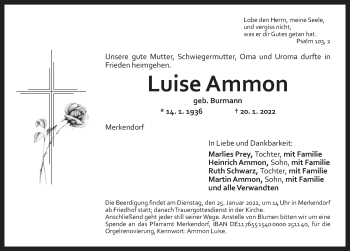 Traueranzeige von Luise Ammon von Ansbach