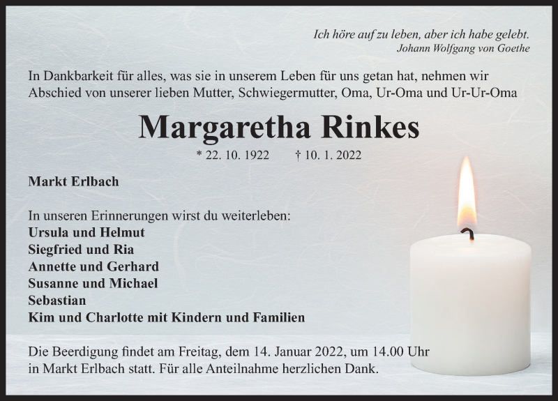  Traueranzeige für Margaretha Rinkes vom 12.01.2022 aus Neustadt/ Scheinfeld/ Uffenheim