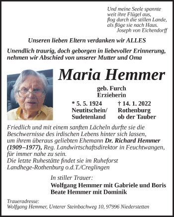 Traueranzeige von Maria Hemmer von Dinkelsbühl/ Feuchtwangen