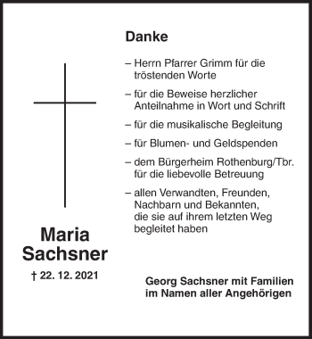 Traueranzeige von Maria Sachsner von Ansbach