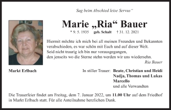 Traueranzeige von Marie Bauer von Neustadt/ Scheinfeld/ Uffenheim