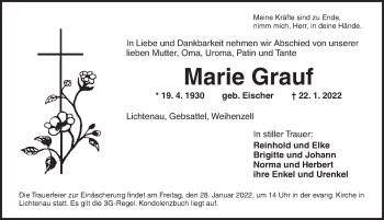 Traueranzeige von Marie Grauf von Ansbach