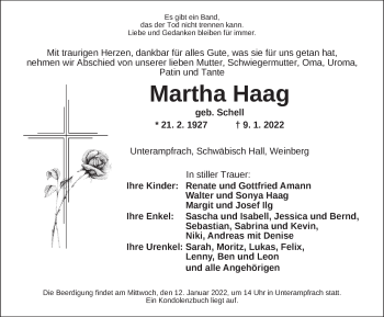 Traueranzeige von Martha Haag von Dinkelsbühl/ Feuchtwangen