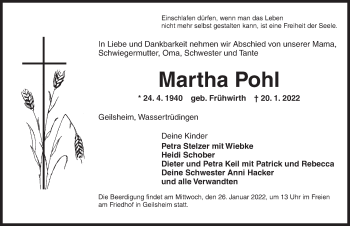 Traueranzeige von Martha Pohl von Dinkelsbühl/ Feuchtwangen