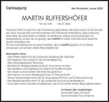 Traueranzeige von Martin Ruffershöfer von Neustadt/ Scheinfeld/ Uffenheim